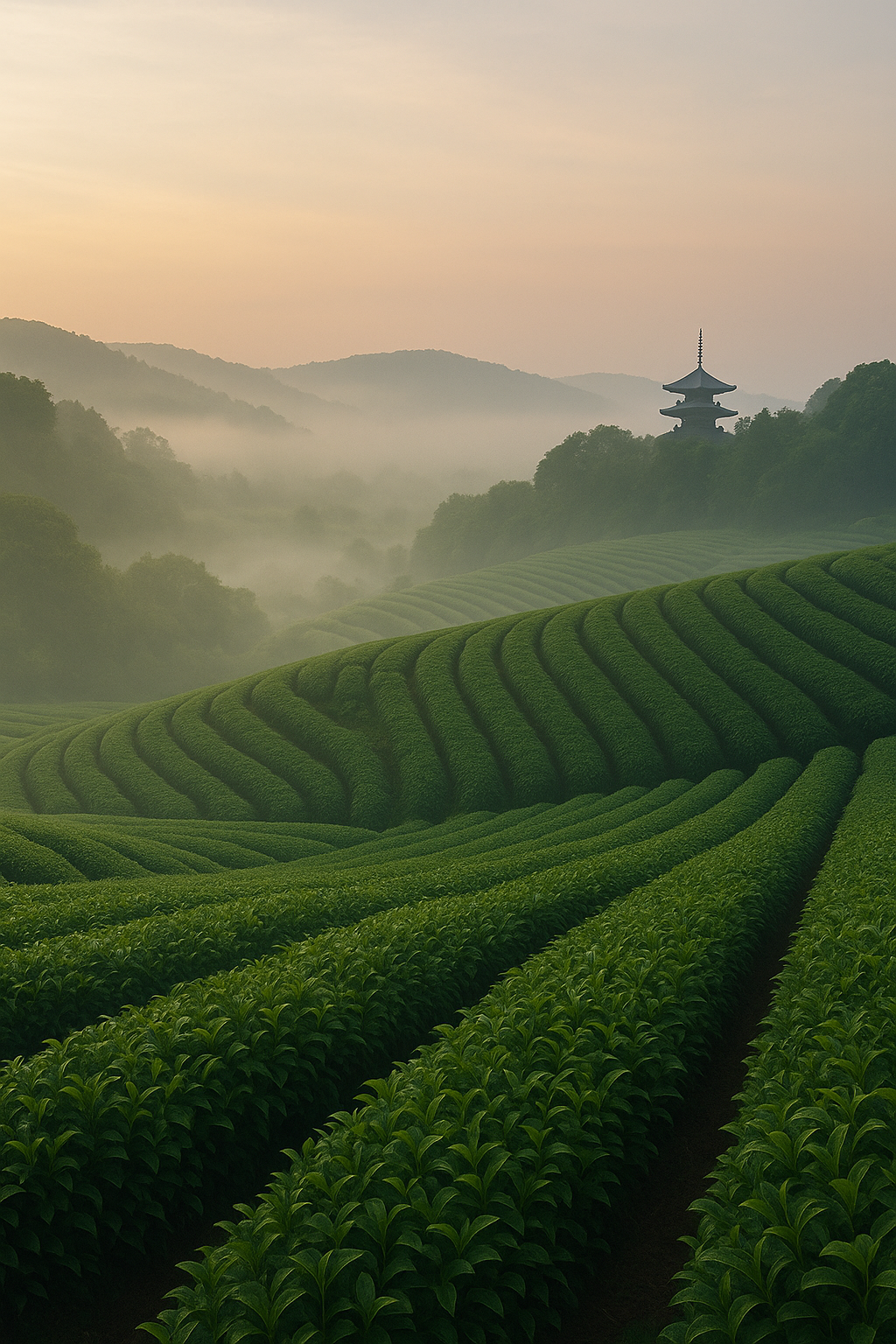 宇治茶の茶畑と朝霧