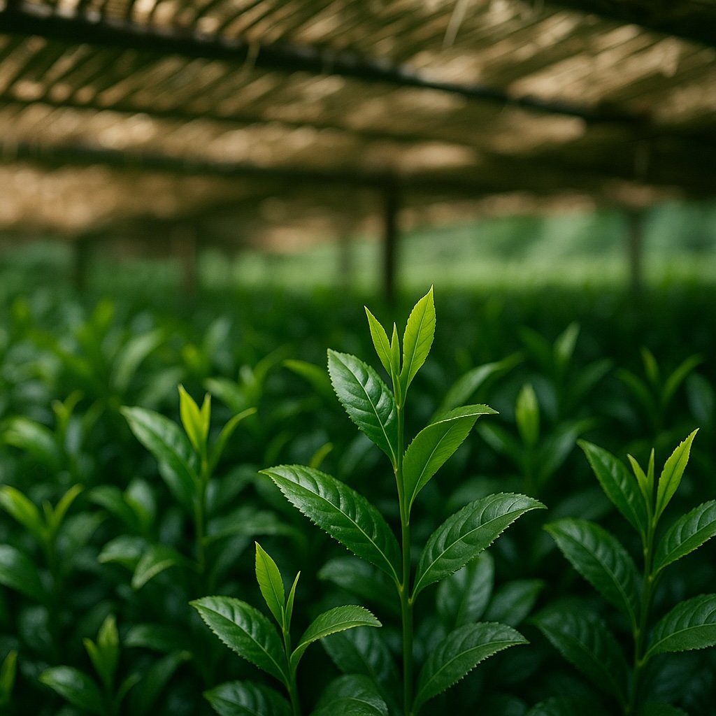 覆い下で育つ玉露の茶畑