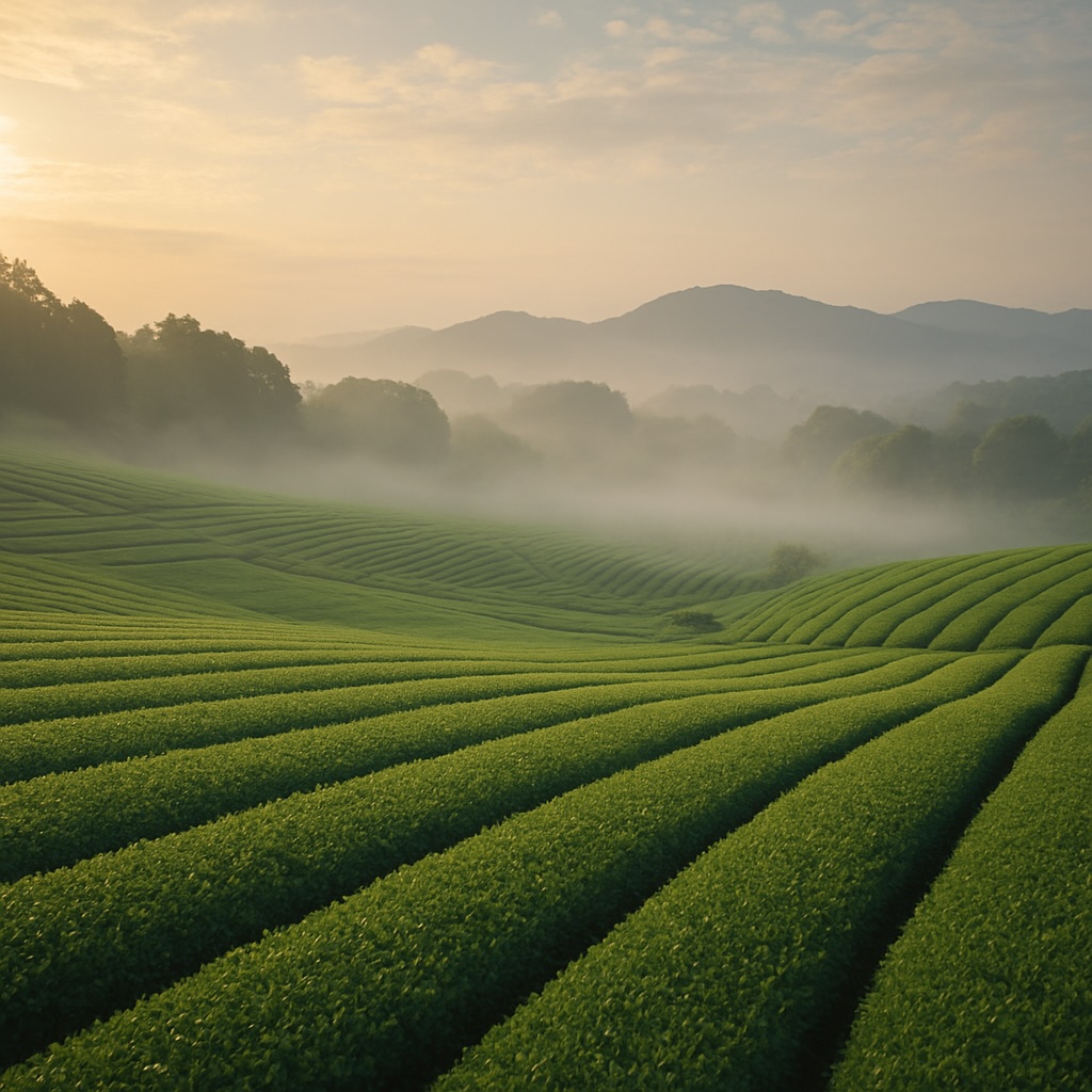 朝霧に包まれた狭山の茶畑