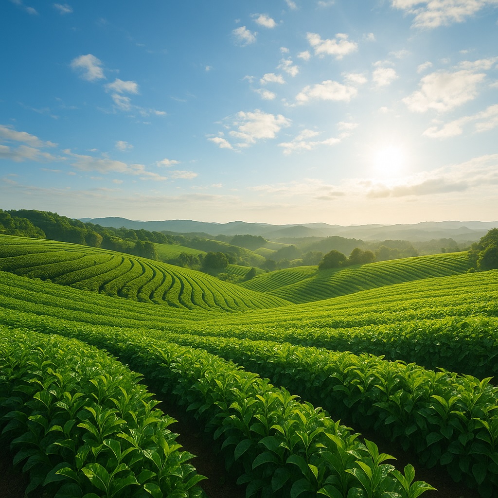 朝日を浴びる知覧の茶畑